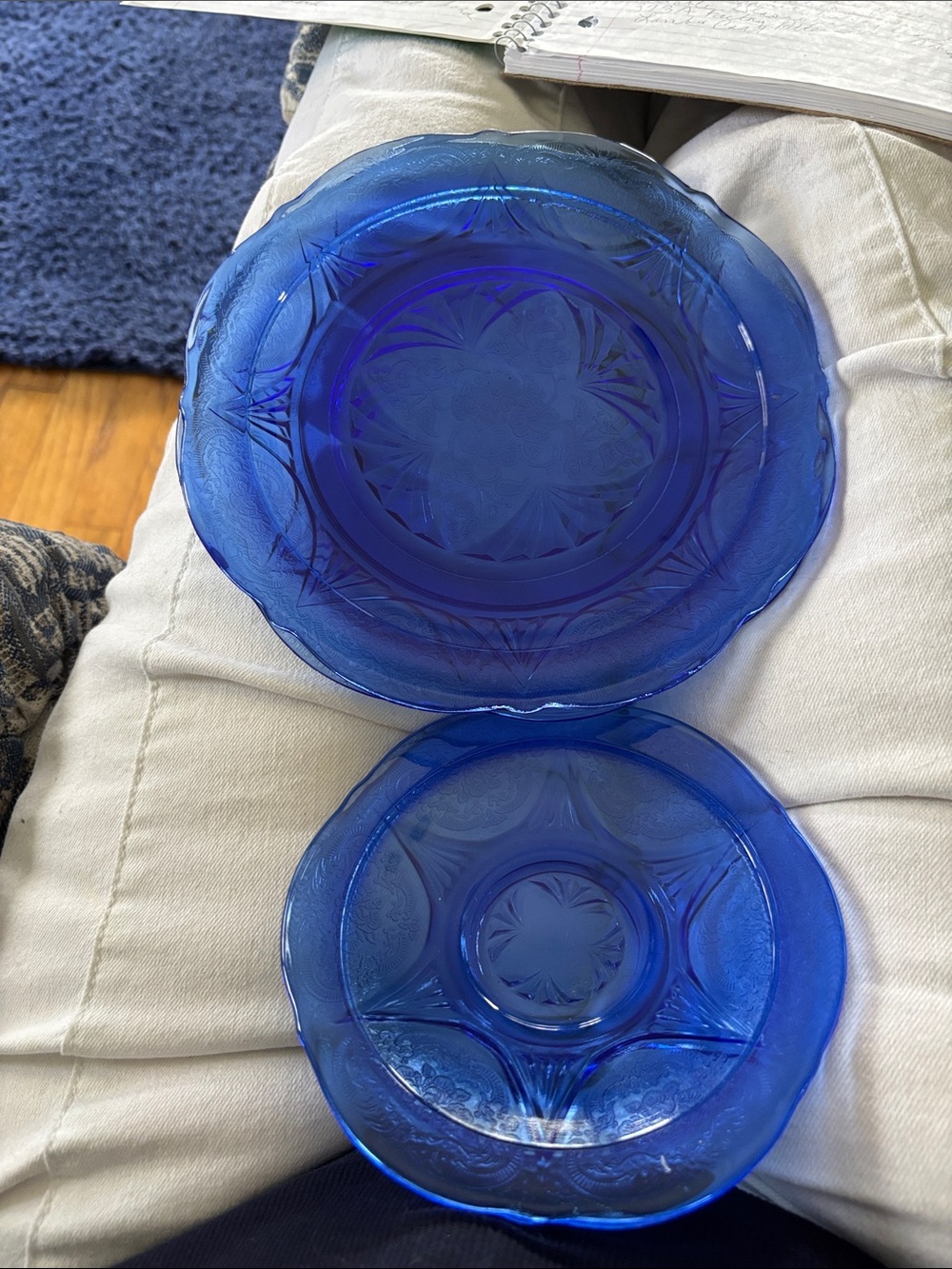 Hazel Atlas Royal Lace Cobalt Blue 2 Luncheon Plates & 2 Saucers.